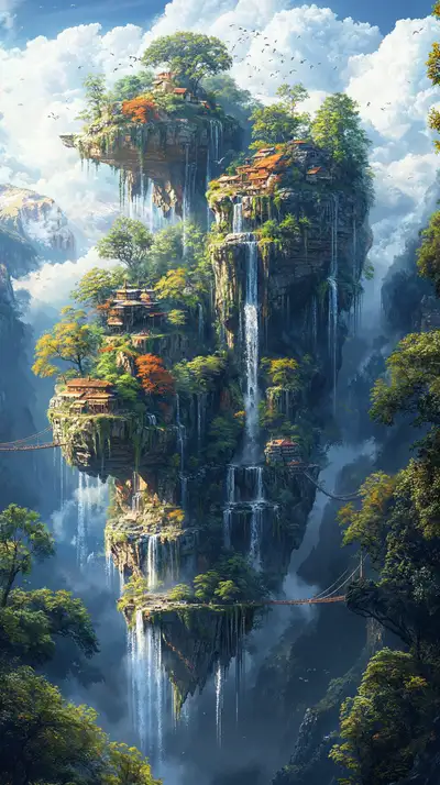 Đền Cổ Kính Giữa Thác Nước - Hình Nền AI Art 4K Fantasy