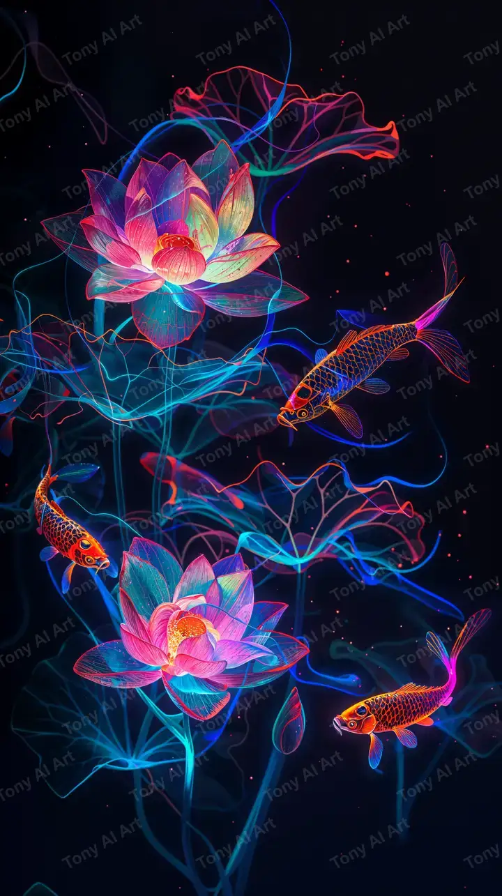 Cá Koi Hoa Sen Neon - Hình Nền AI Art 4K Phong Thủy
