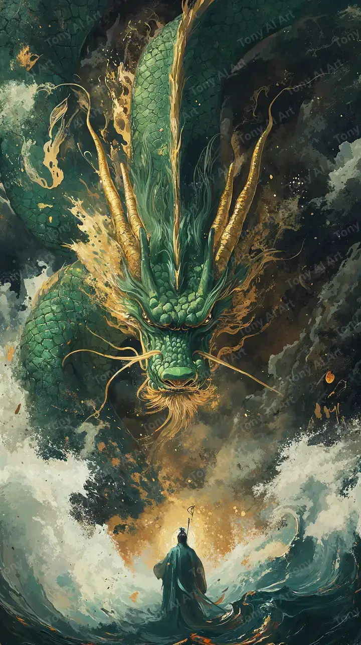 Thần Thoái Cosmic - Hình Nền AI Art Neon Xanh Vàng 4K