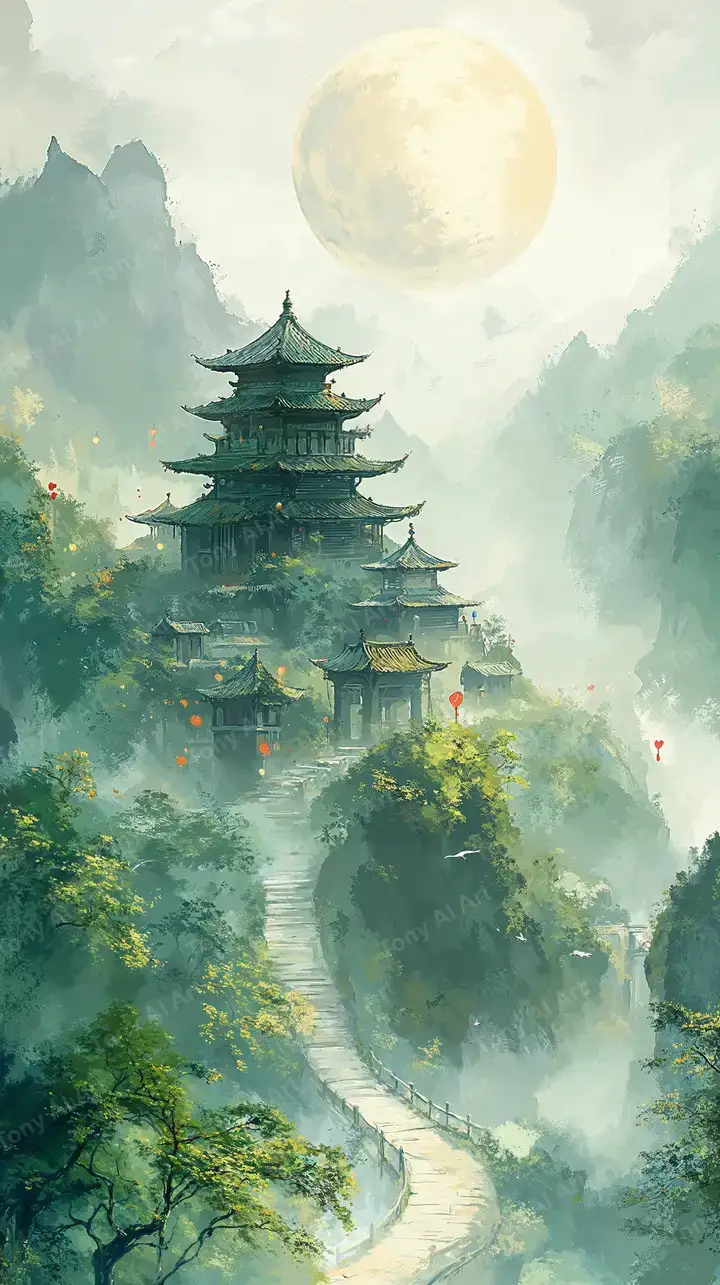 Chùa Cổ Phong Thủy Giữa Sương Mù - Hình Nền AI Art 4K