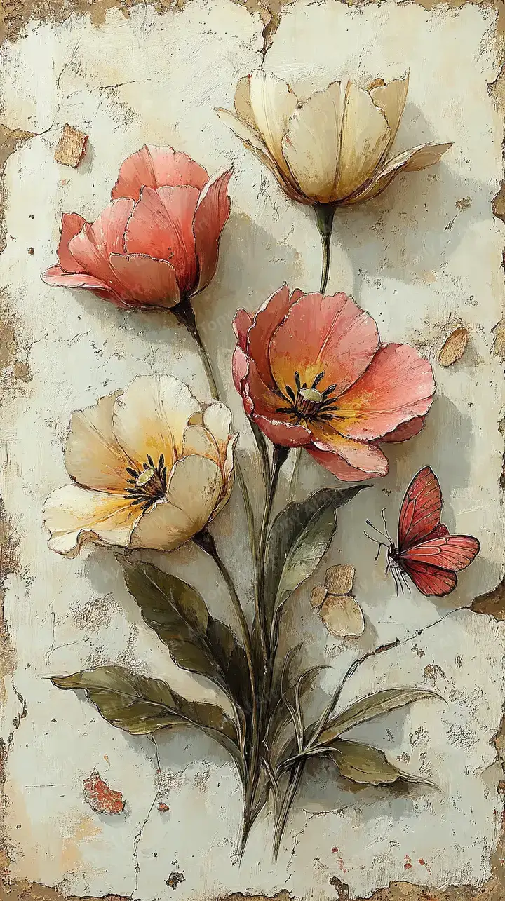 Hoa Tulip Bướm Vintage - Hình Nền AI Art Watercolor 4K