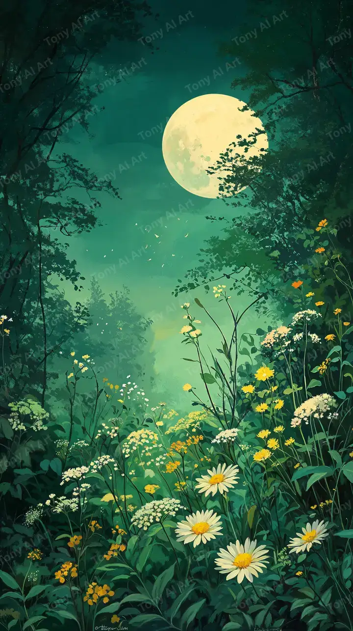 Mặt Trăng Vàng Cúc Họa - Hình Nền AI Art Thiên Nhiên 4K