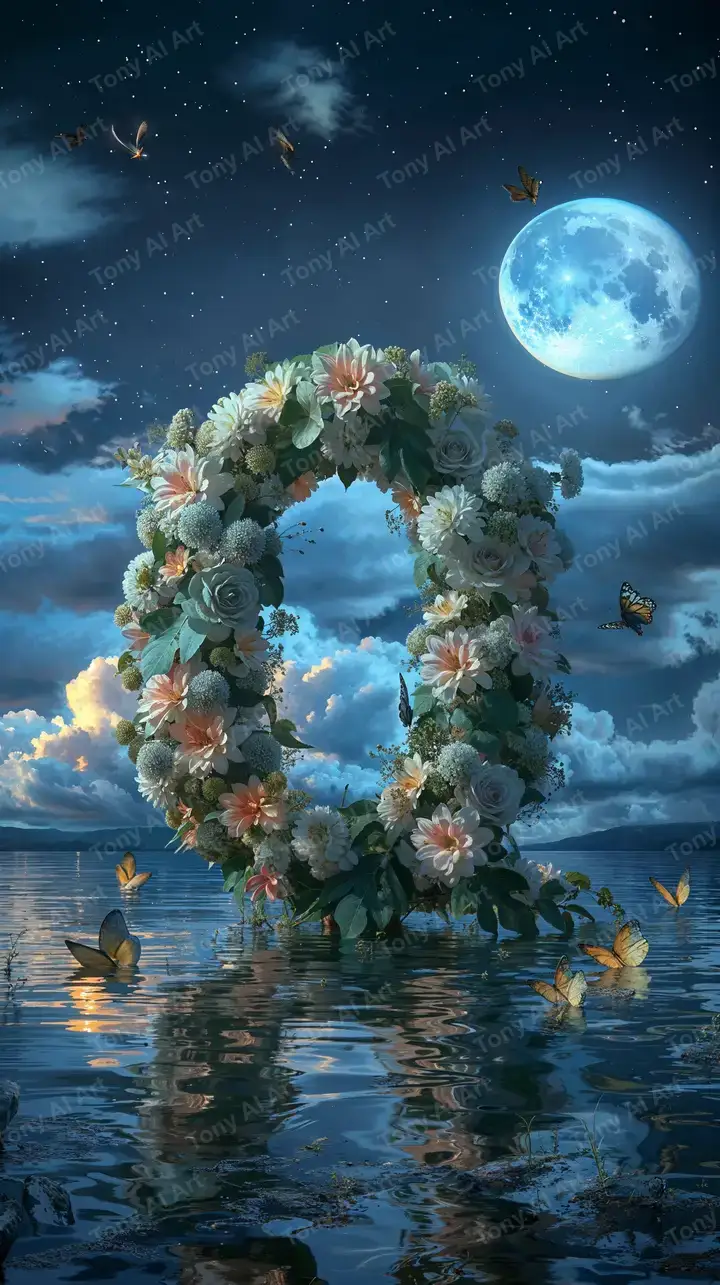 Vòng Hoa Đêm Trăng Xanh - Hình Nền AI Art Siêu Thực 4K