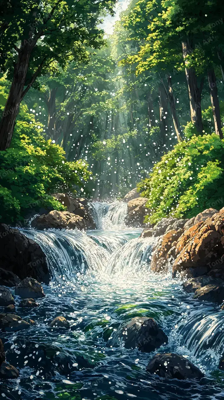 Thác Nước Rừng Xanh - Ánh Sáng Lấp Lánh | Hình Nền AI Art 4K