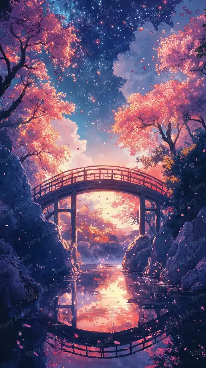 Cây Cầu Dạo Bộ Dưới Hoa Anh Đào - Hình Nền AI Art Lãng Mạn 4K