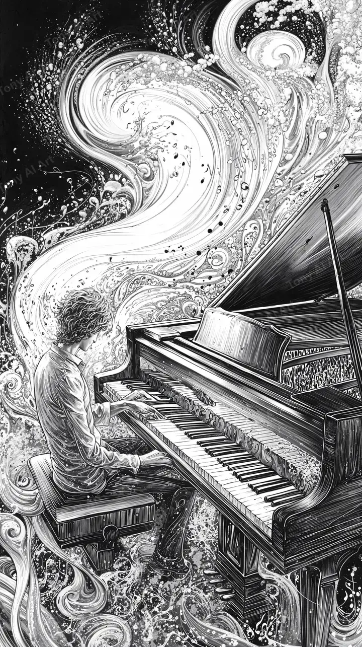 Cô Gái Chơi Piano - Hình Nền AI Art Monochrome Trừu Tượng