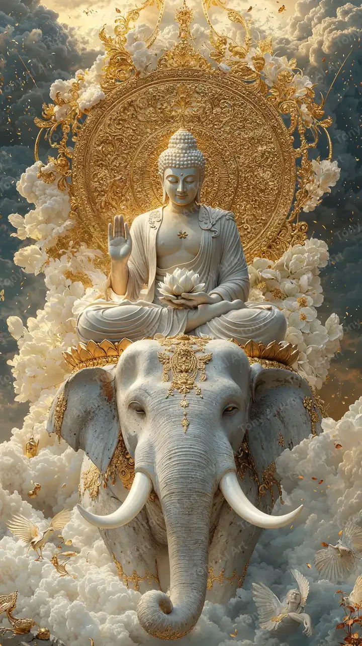 Phật Trên Voi Trắng - Hình Nền AI Art Phong Thủy 4K