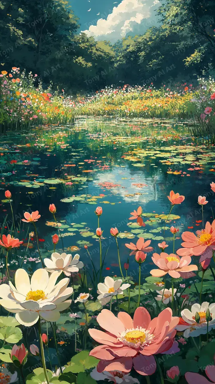 Hồ Sen Hoa Cam Rực Rỡ - Hình Nền AI Art Thiên Nhiên 4K