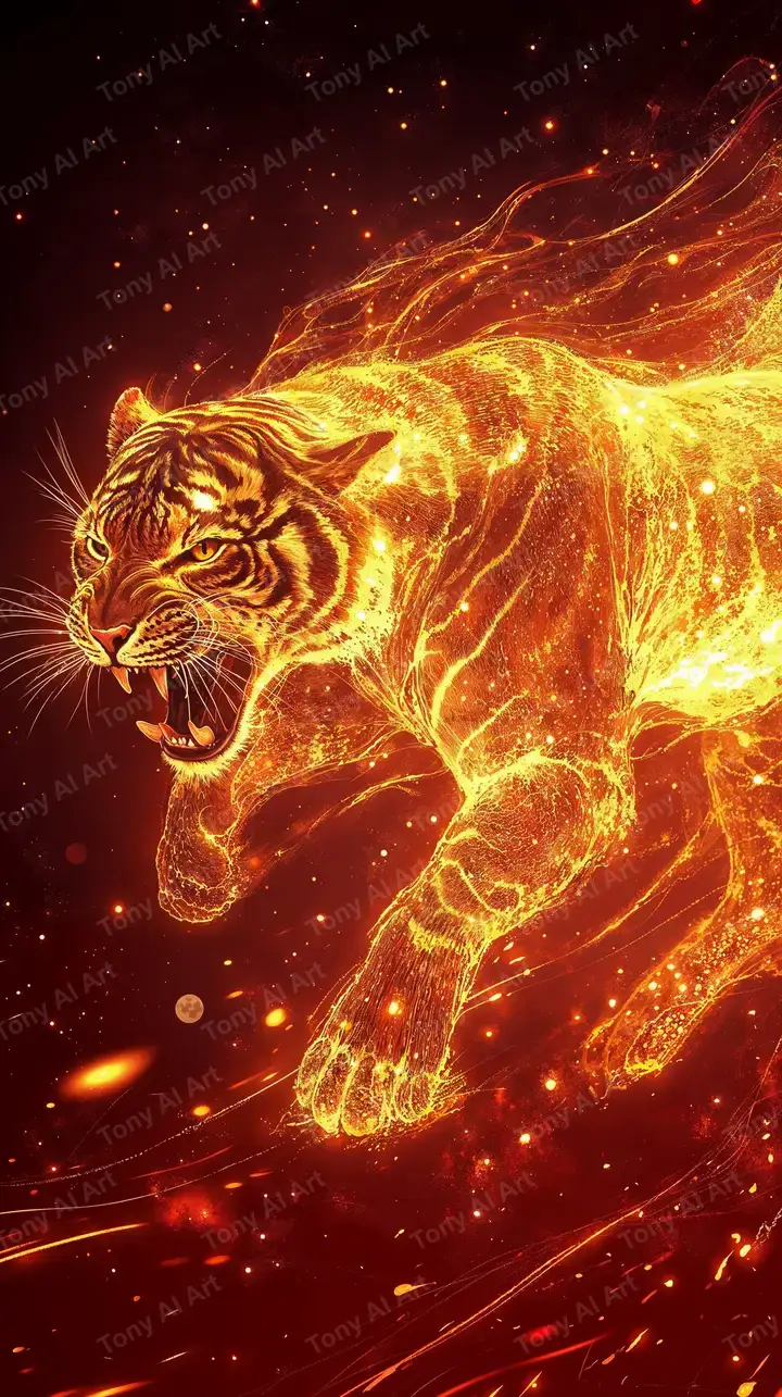 Hổ Lửa Vàng Neon Cosmic - Hình Nền AI Art 4K