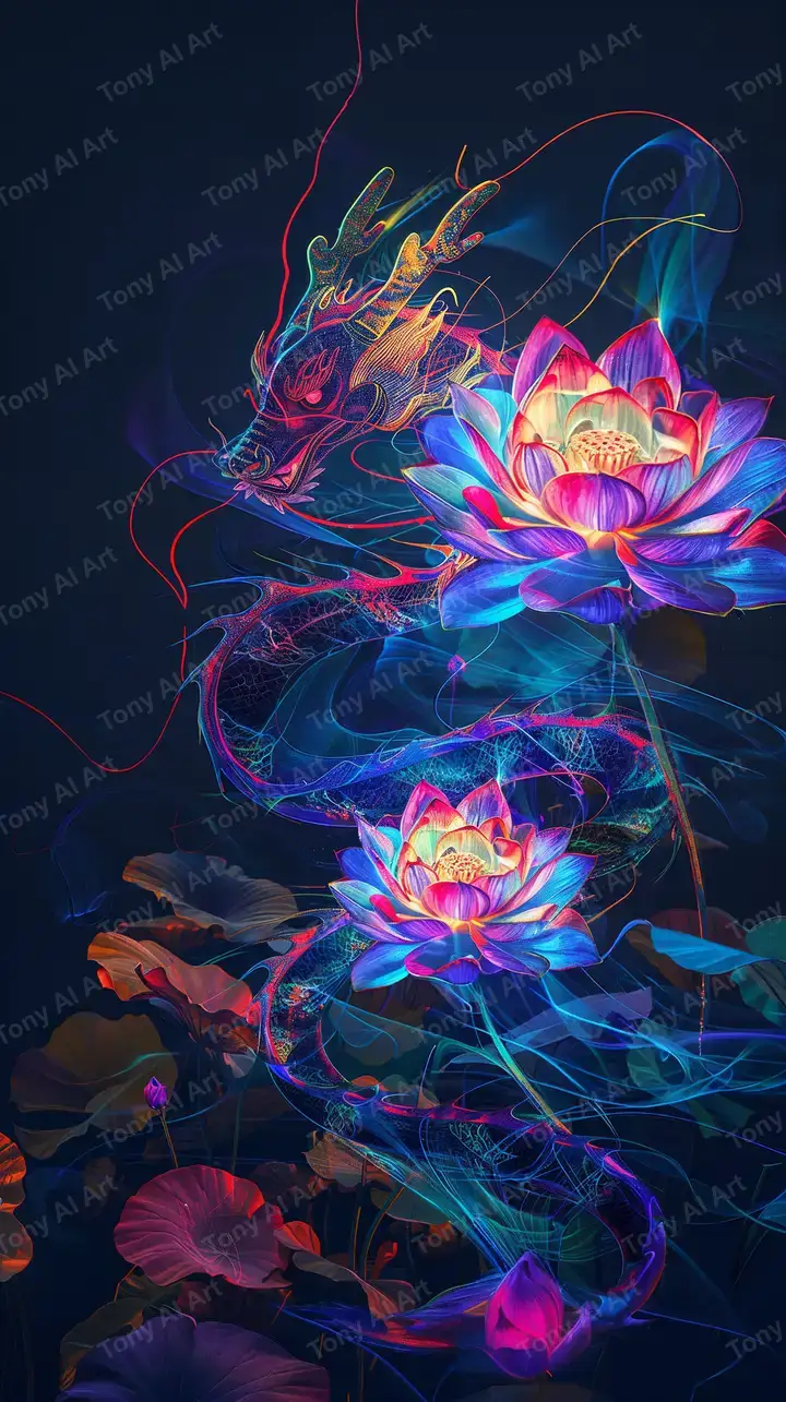 Hoa Sen Neon Phong Thủy - Hình Nền AI Art 4K