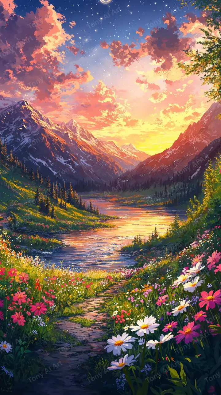 Thung Lũng Núi Hoàng Hôn - Hình Nền AI Art Hoa Dại 4K