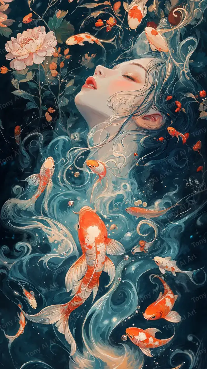 Nữ Thần Cá Koi - Hình Nền AI Art Phong Thủy 4K
