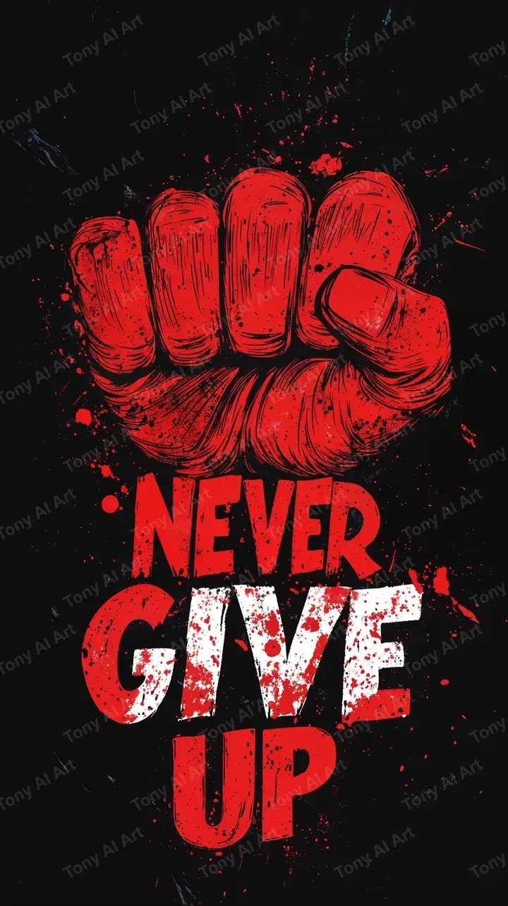 Nắm Tay Đỏ Never Give Up - Hình Nền Motivational AI Art 4K