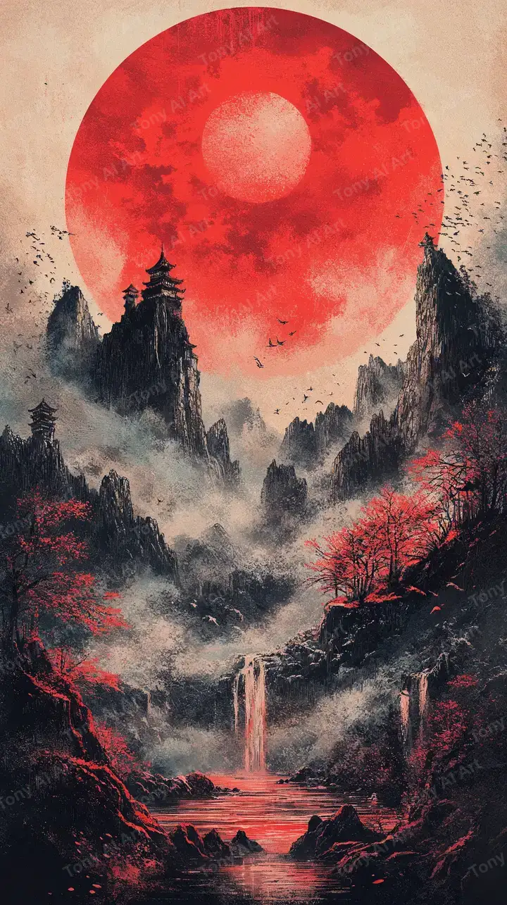 Mặt Trăng Đỏ Huyền Bí - Núi Thác Phong Thủy AI Art 4K