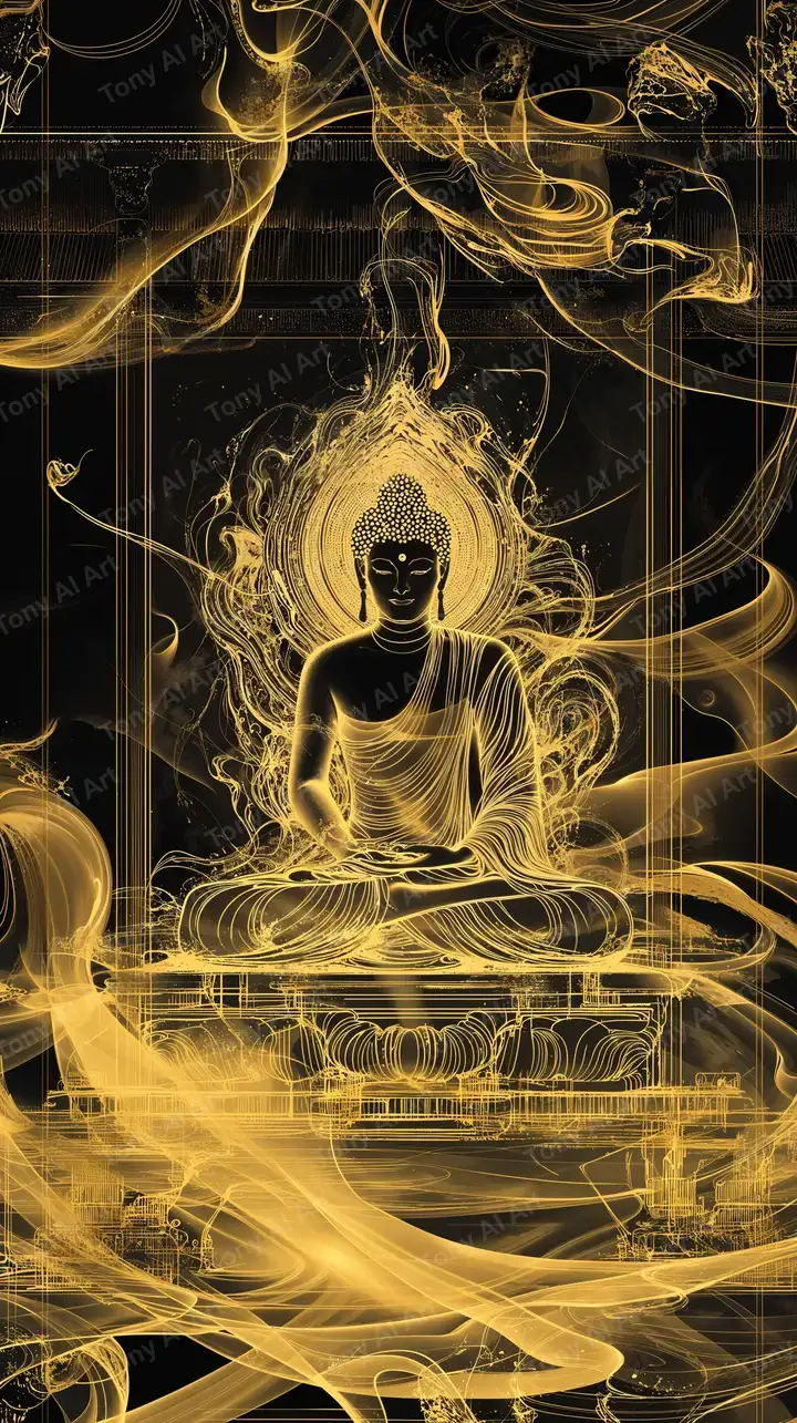 Phật Vàng Neon Thiền Định - Hình Nền Phong Thủy AI Art 4K