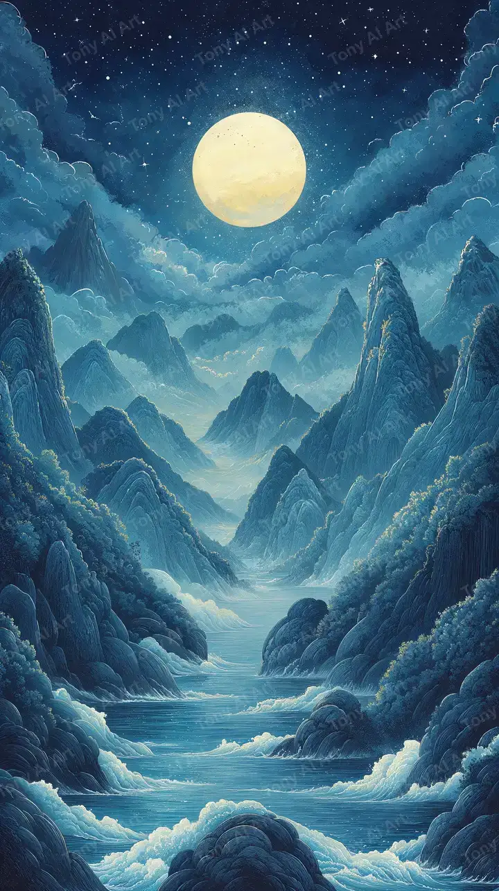 Núi Cao Trăng Sáng - Hình Nền AI Art Fantasy 4K