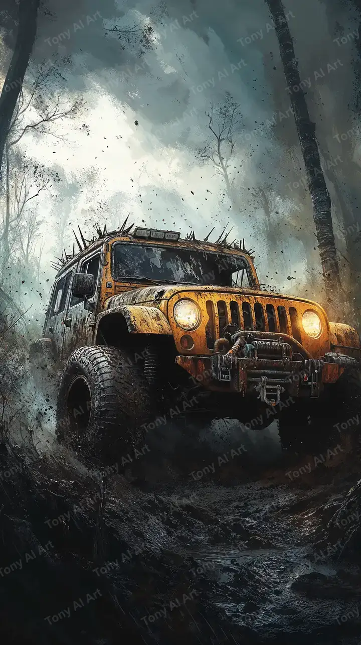 Jeep Cam Rừng Sương Mù - Hình Nền AI Art Cinematic 4K