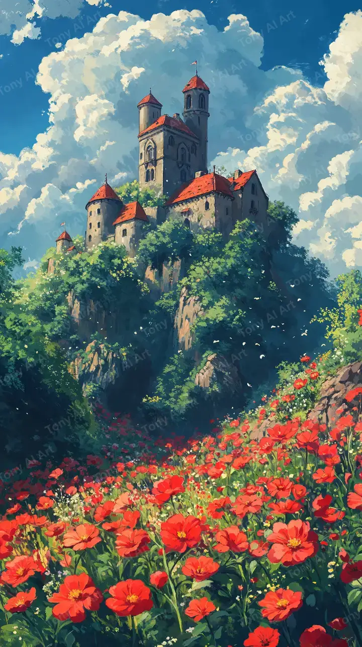 Lâu Đài Trên Núi - Hoa Poppy Đỏ Phong Cảnh Fantasy AI Art 4K