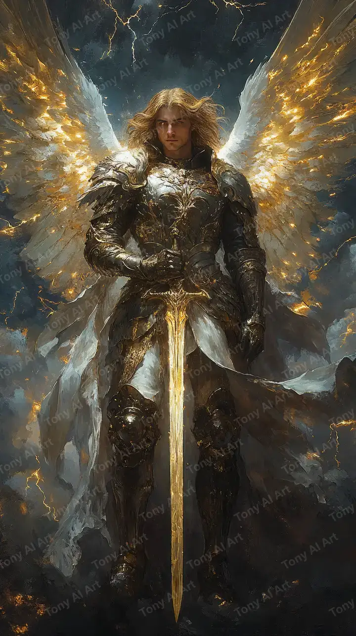 Thiên Thần Chiến Binh - Cánh Vàng Neon Hình Nền AI Art 4K