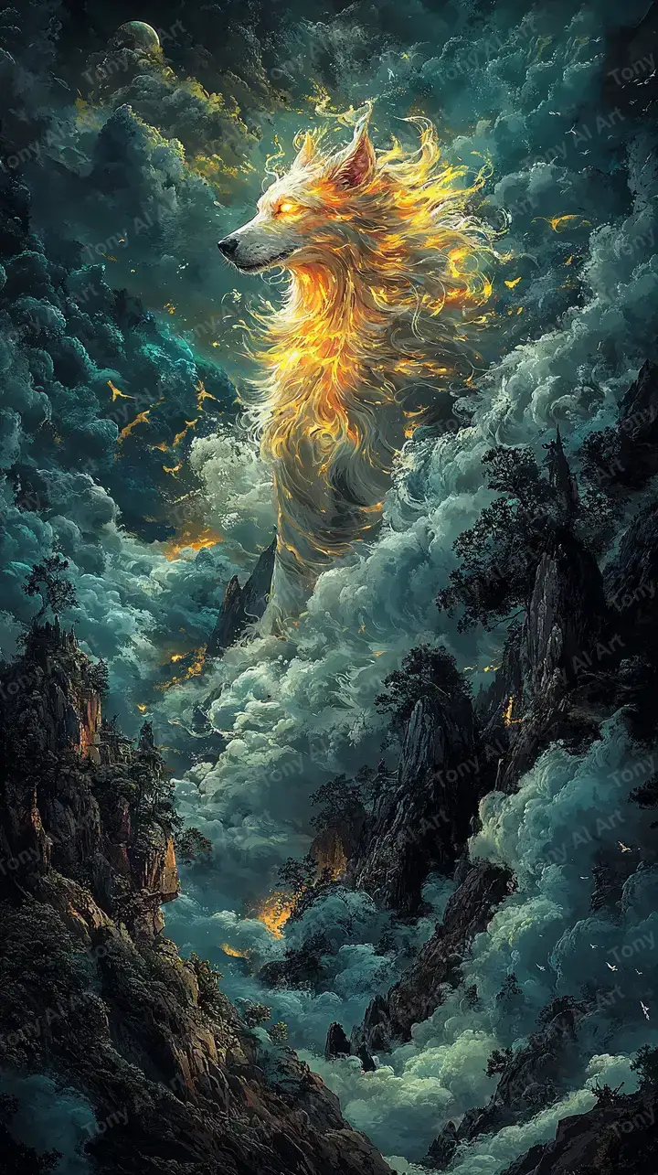 Sói Vàng Huyền Ảo - Hình Nền AI Art Thần Thoại 4K