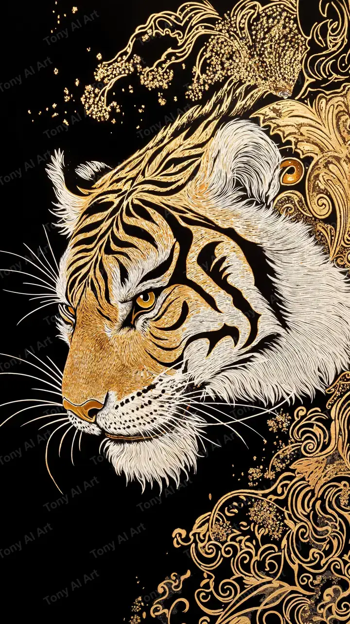 Hổ Vàng Phong Thủy - Hình Nền AI Art Baroque Luxury 4K