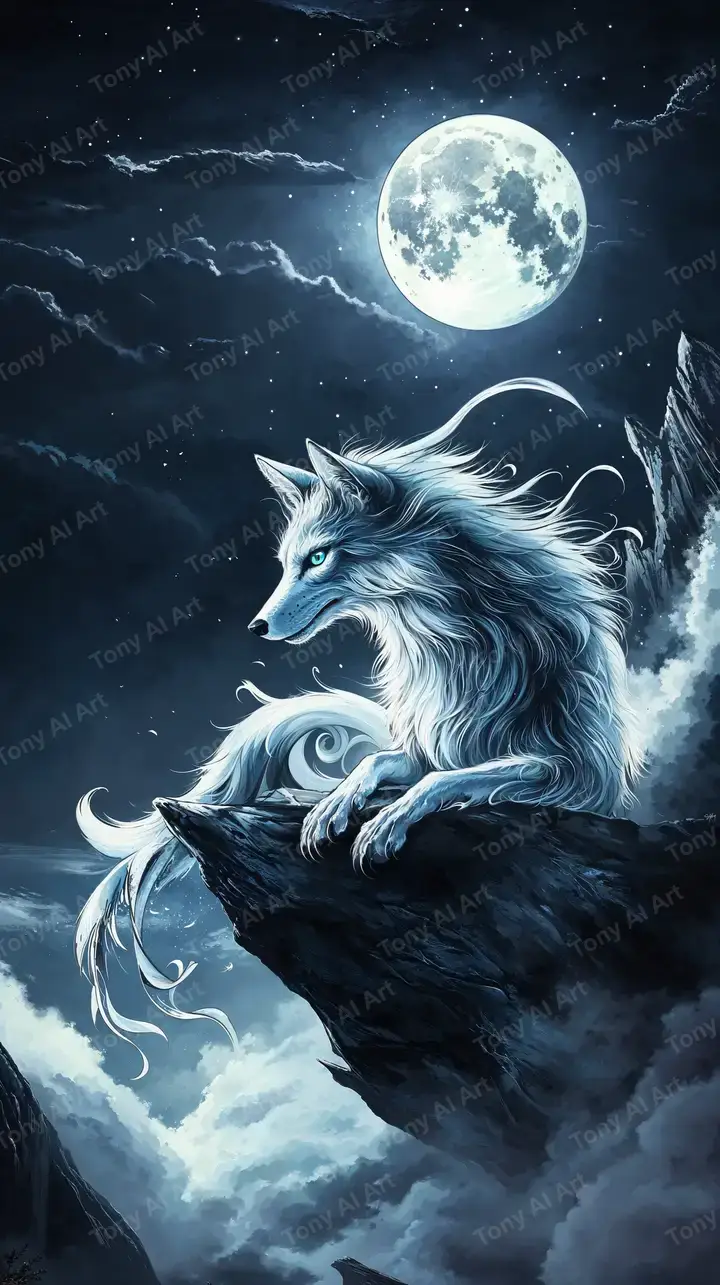 Sư Tử Trắng Trăng Sáng - Hình Nền AI Art Thần Thoại 4K