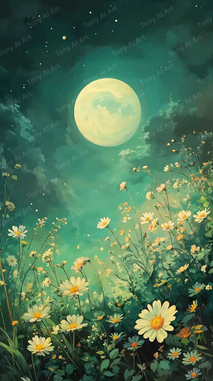 Mặt Trăng Vàng Cánh Đồng Hoa - Hình Nền AI Art Thơ Mộng 4K