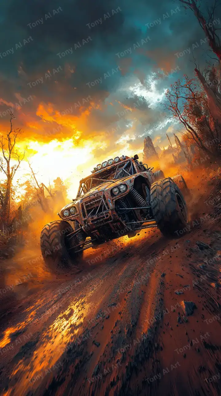 Xe Off-Road Cháy Lửa - Hình Nền AI Art Cyberpunk 4K