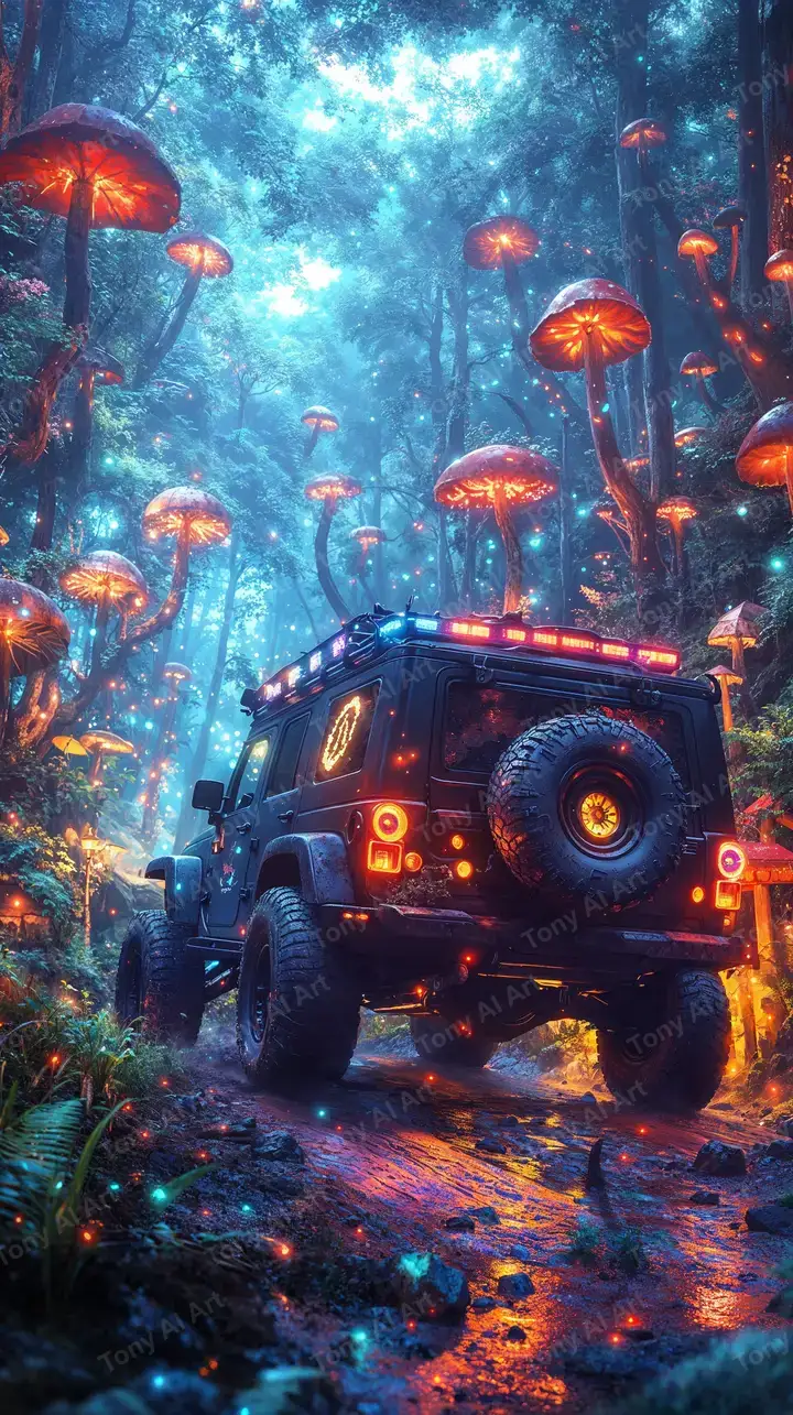 Xe Jeep Neon Rừng Huyền Bí - Hình Nền AI Art 4K