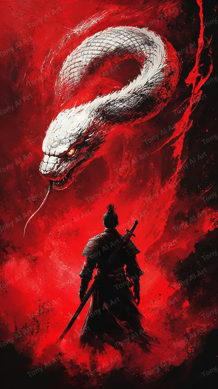 Rắn Thần Thoại Đỏ Đen - Samurai Dark Fantasy AI Art Wallpaper