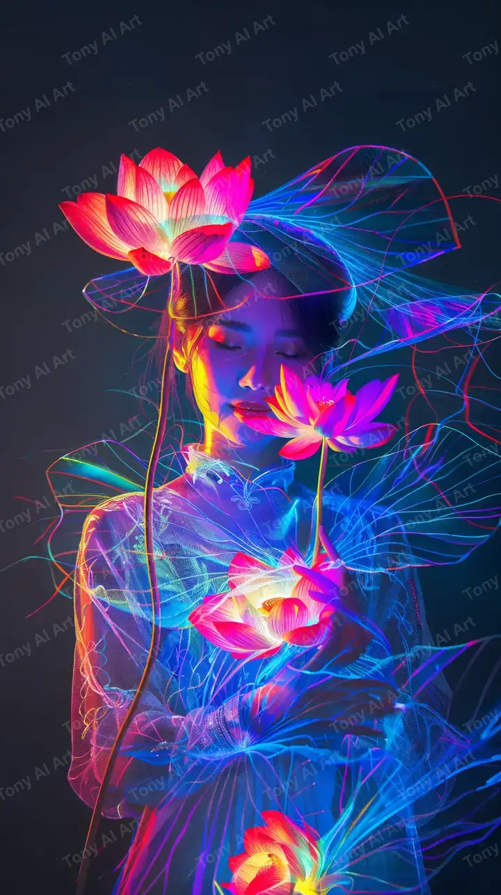 Hoa Sen Neon Cosmic - Hình Nền AI Art 4K Xanh Hồng