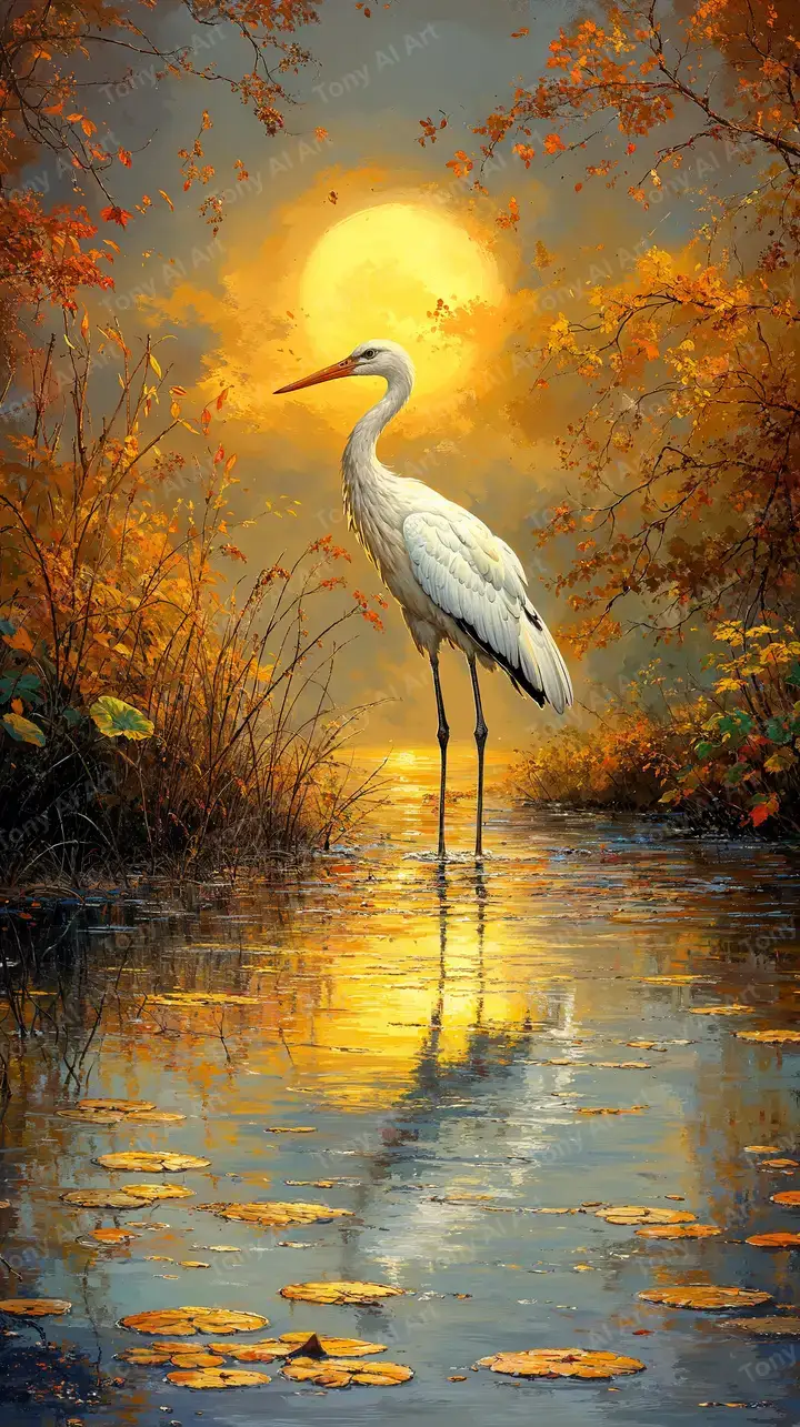 Cò Nước Hoàng Hôn - Hình Nền AI Art 4K