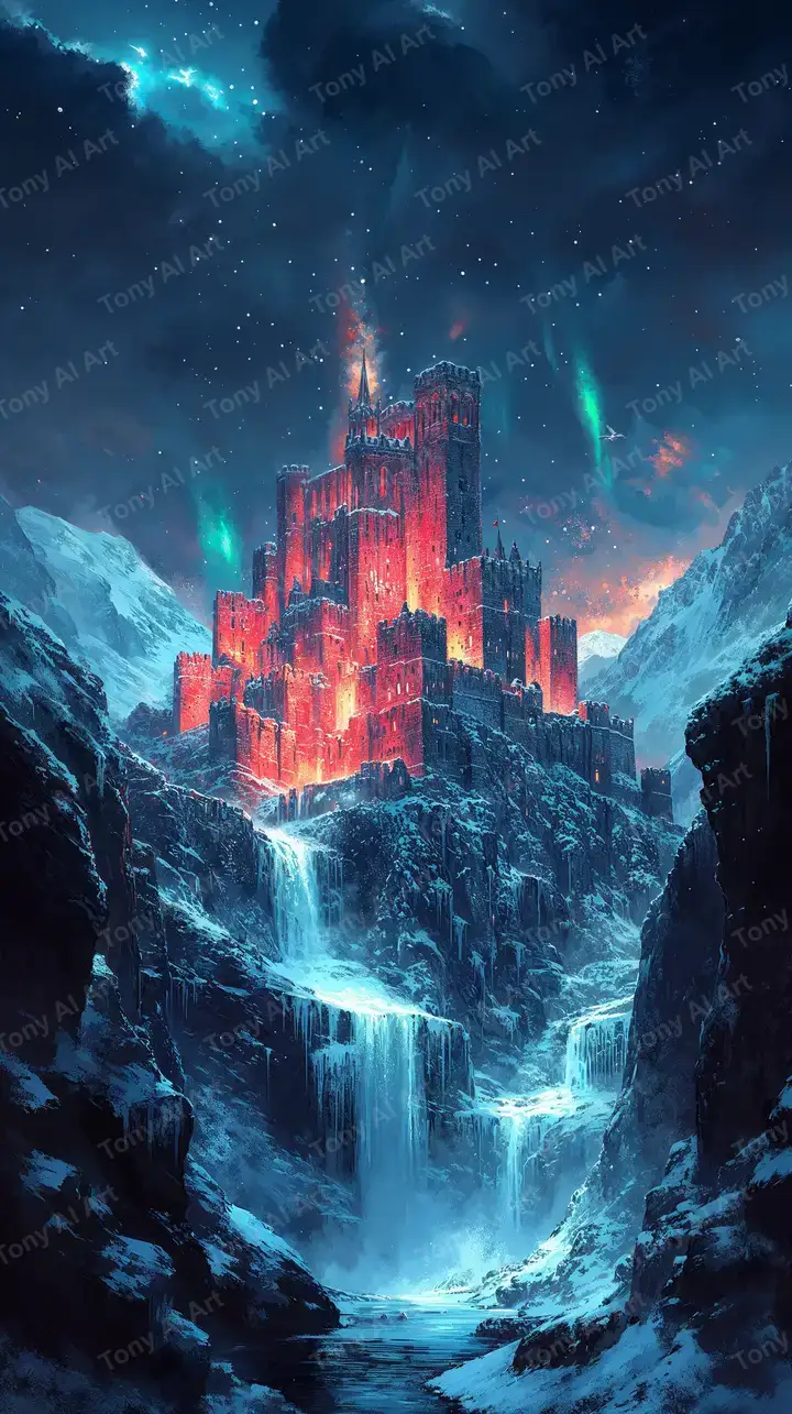 Lâu Đài Neon Cosmic - Hình Nền AI Art Tuyết Núi 4K