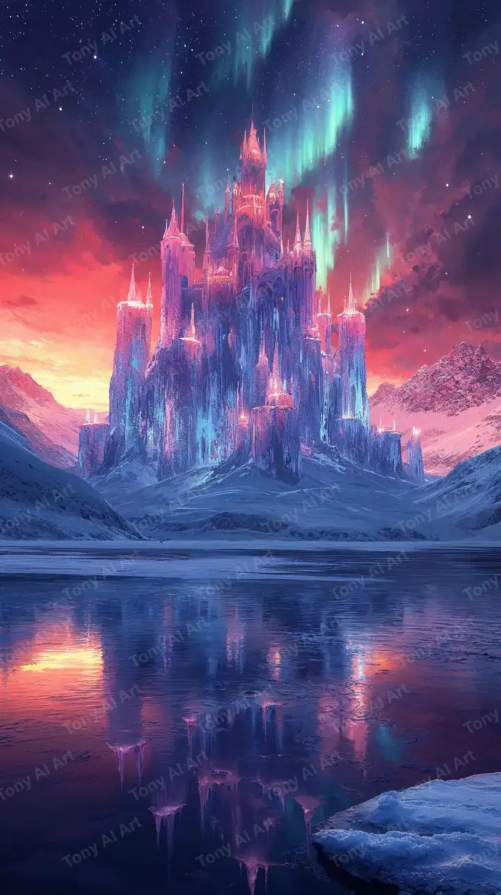 Lâu Đài Neon Cực Quang - Hình Nền AI Art 4K