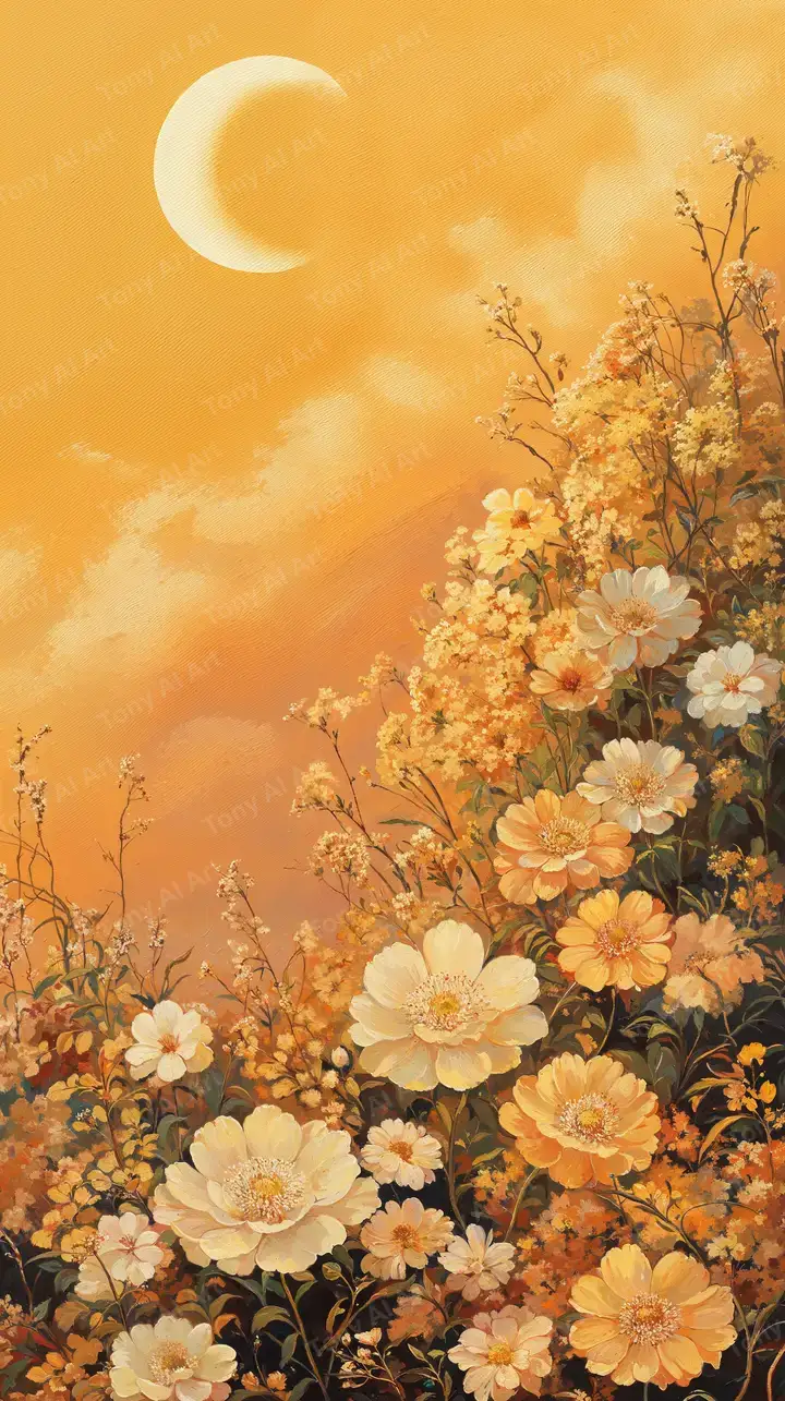 Hoa Cúc Vàng Trăng Lưỡi Liềm - Hình Nền AI Art Lãng Mạn 4K