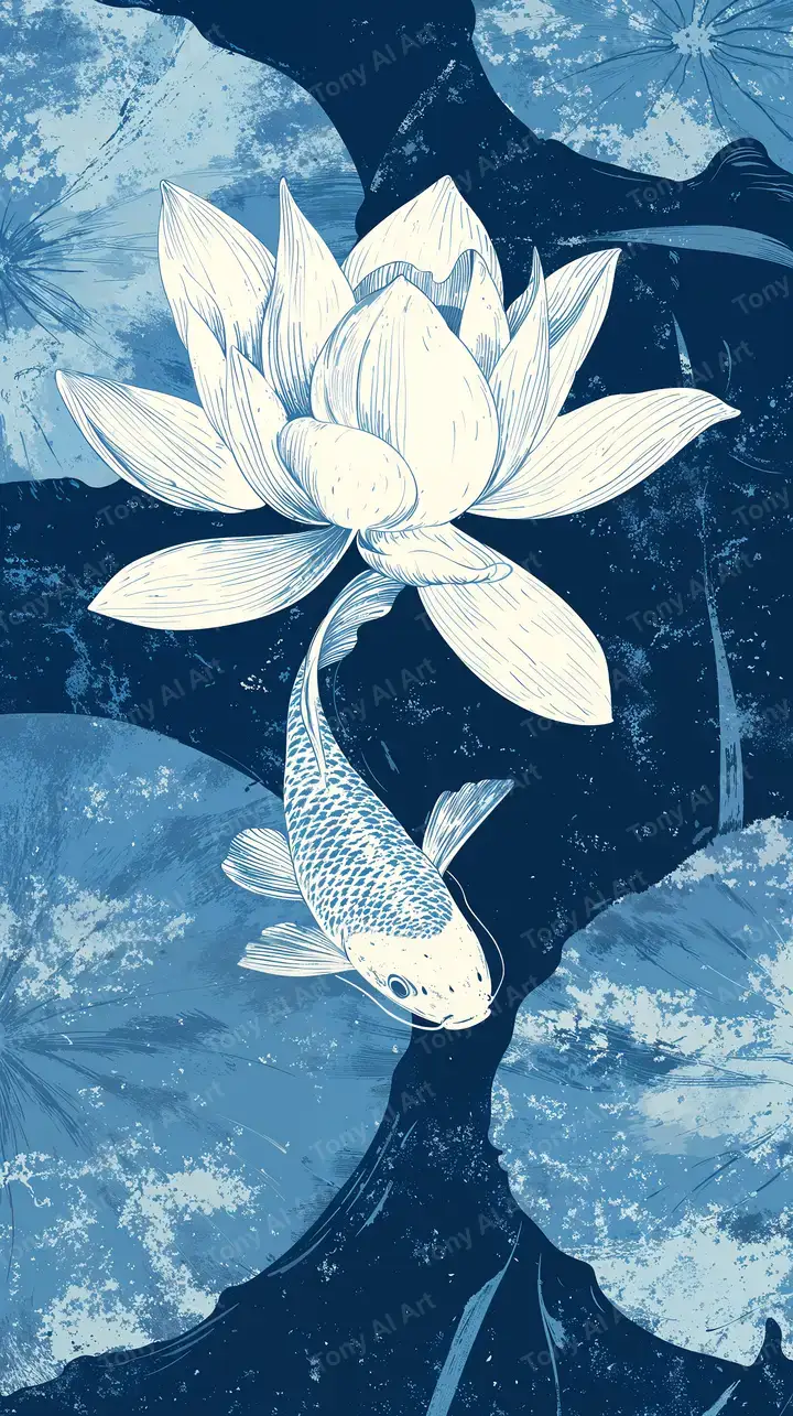 Hoa Sen Cá Koi Phong Thủy - Hình Nền AI Art Tối Giản 4K