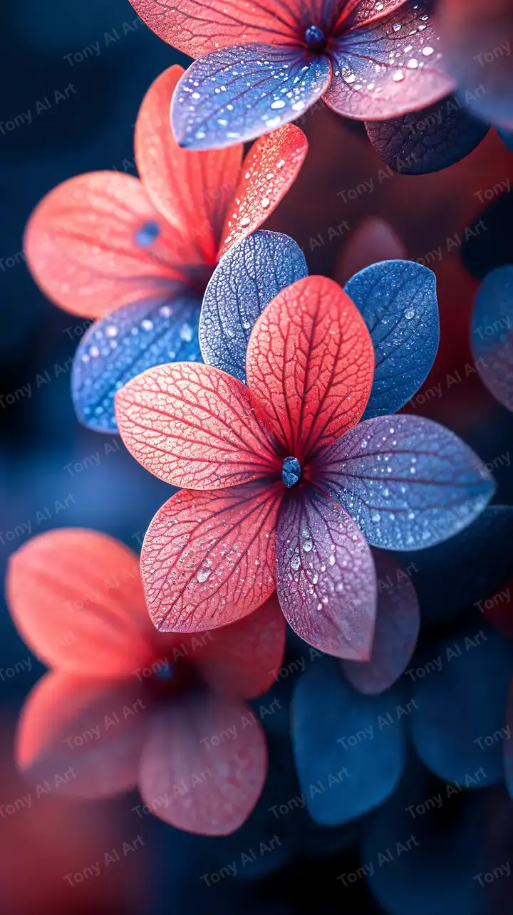 Hoa Macro Hồng Xanh Giọt Nước - Hình Nền AI Art 4K