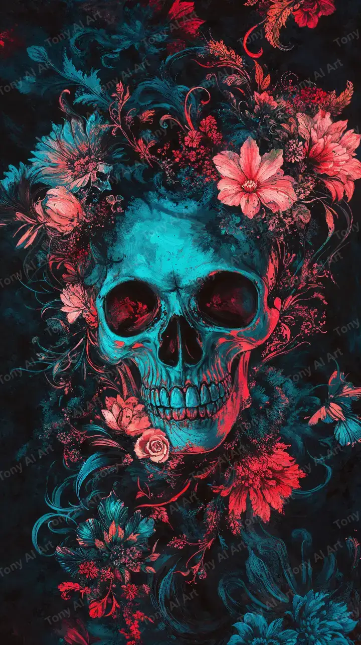 Hài Cốt Neon Hoa Cúc - Hình Nền AI Art 4K