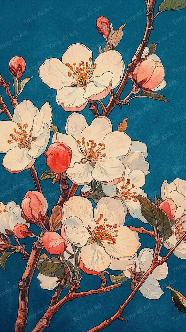 Hoa Trắng Nhánh Đỏ - Hình Nền AI Art Vintage 4K