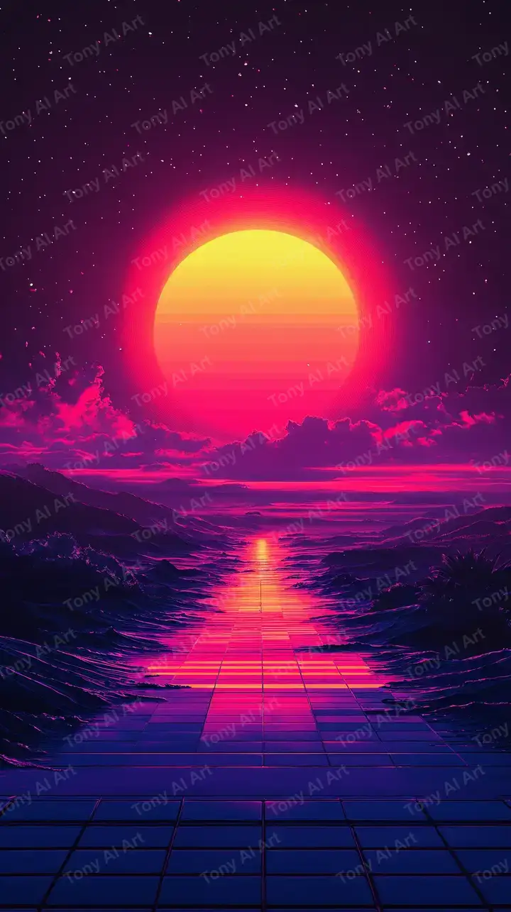 Hoàng Hôn Synthwave Neon - Hình Nền AI Art 4K