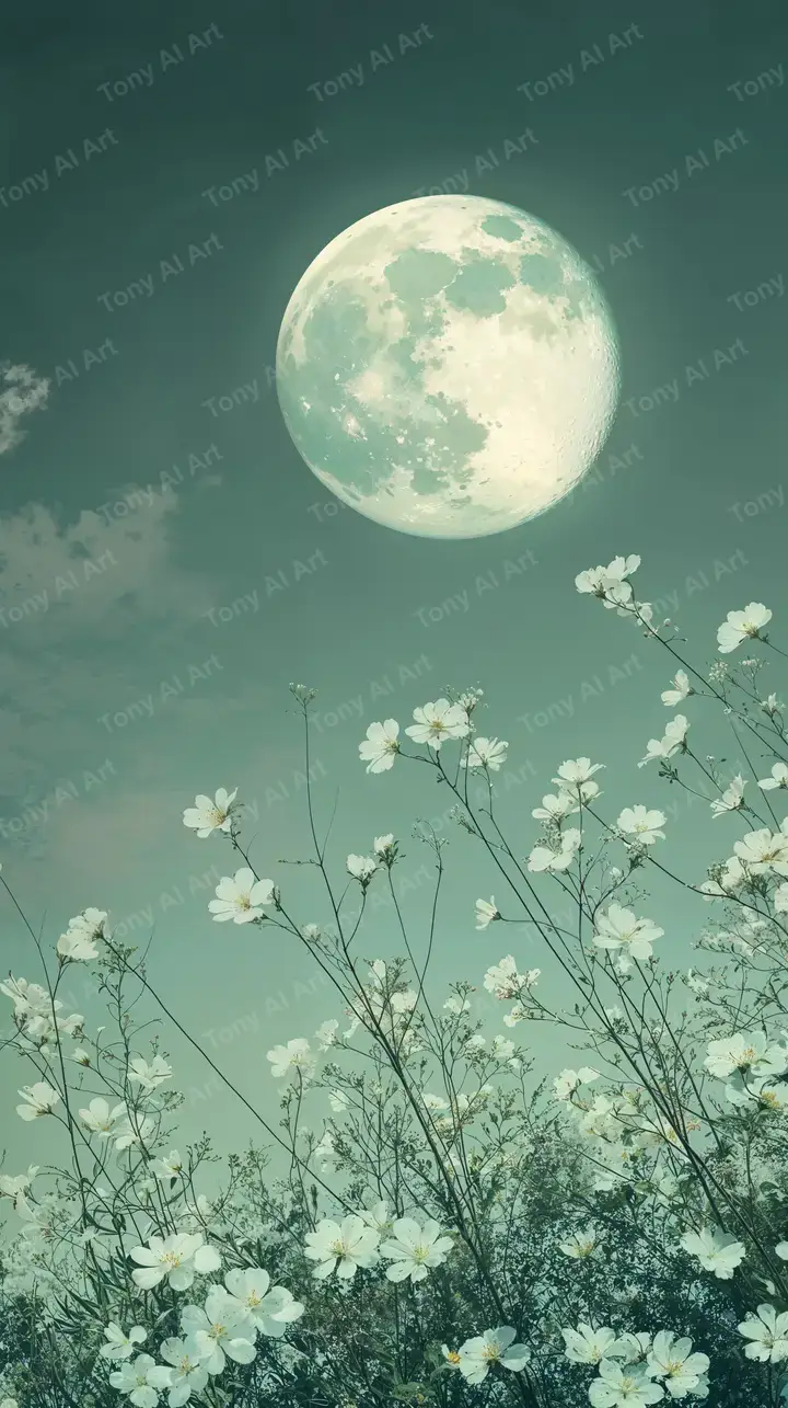 Trăng Tròn Hoa Trắng - Hình Nền AI Art Retro Dreamy