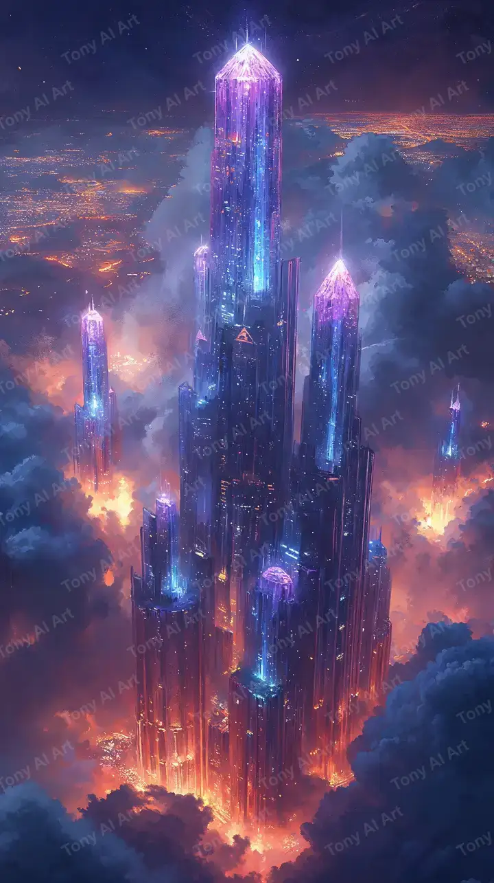 Tòa Tháp Neon Cosmic - Hình Nền AI Art 4K