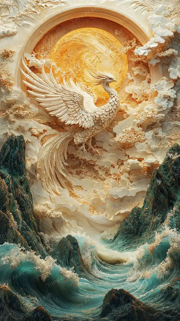 Phượng Hoàng Vàng Phong Thủy - Hình Nền AI Art 4K Điêu Khắc