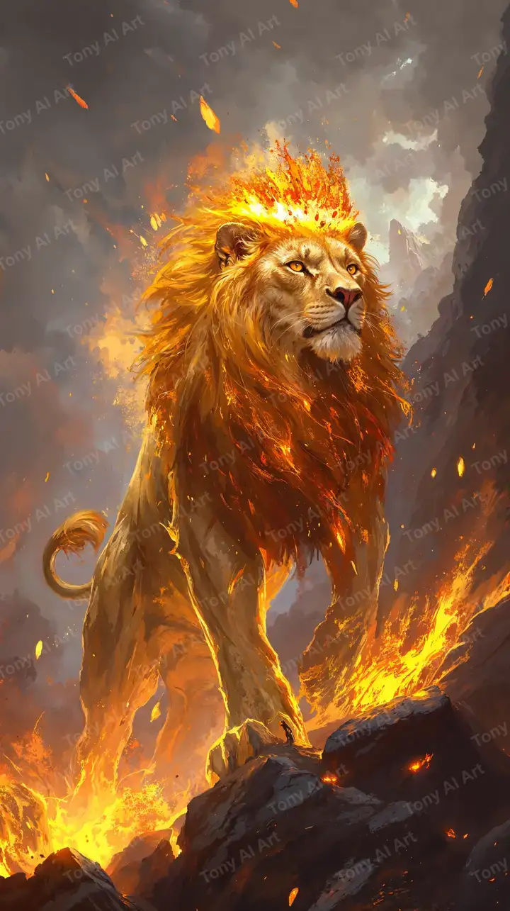 Sư Tử Lửa Vương Giả - Hình Nền AI Art 4K