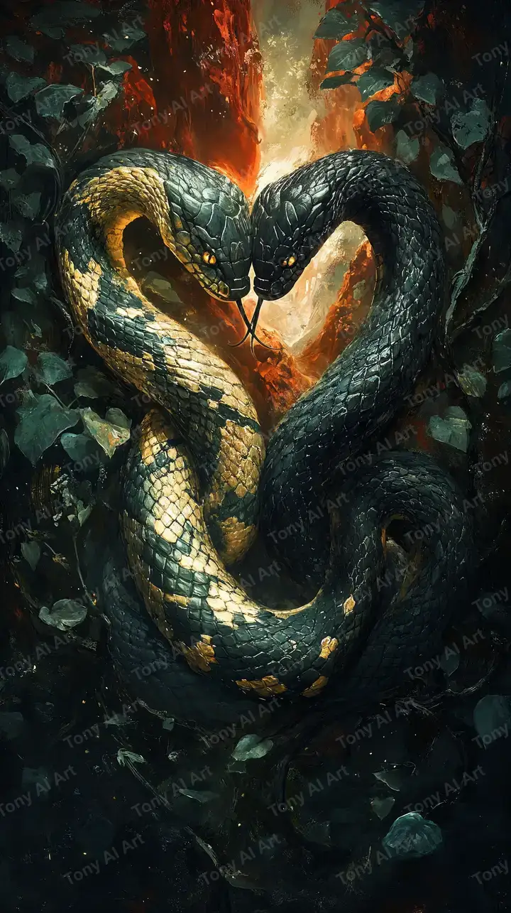 Hai Rắn Tạo Trái Tim Vàng - Hình Nền AI Art Thần Thoại