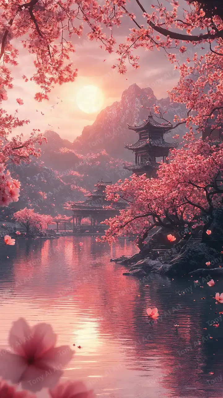 Hoa Anh Đào Chàng Tòa - Hình Nền AI Art 4K Hoàng Hôn