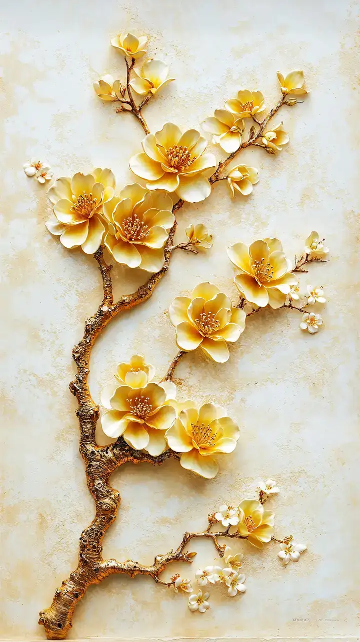 Cành Hoa Vàng 3D - Hình Nền AI Art Sang Trọng 4K