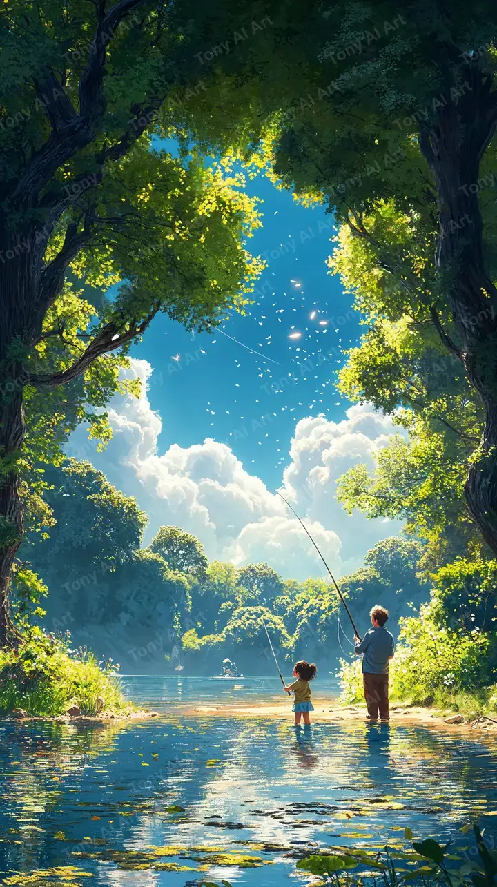 Cha Con Câu Cá Rừng Xanh - Hình Nền AI Art 4K