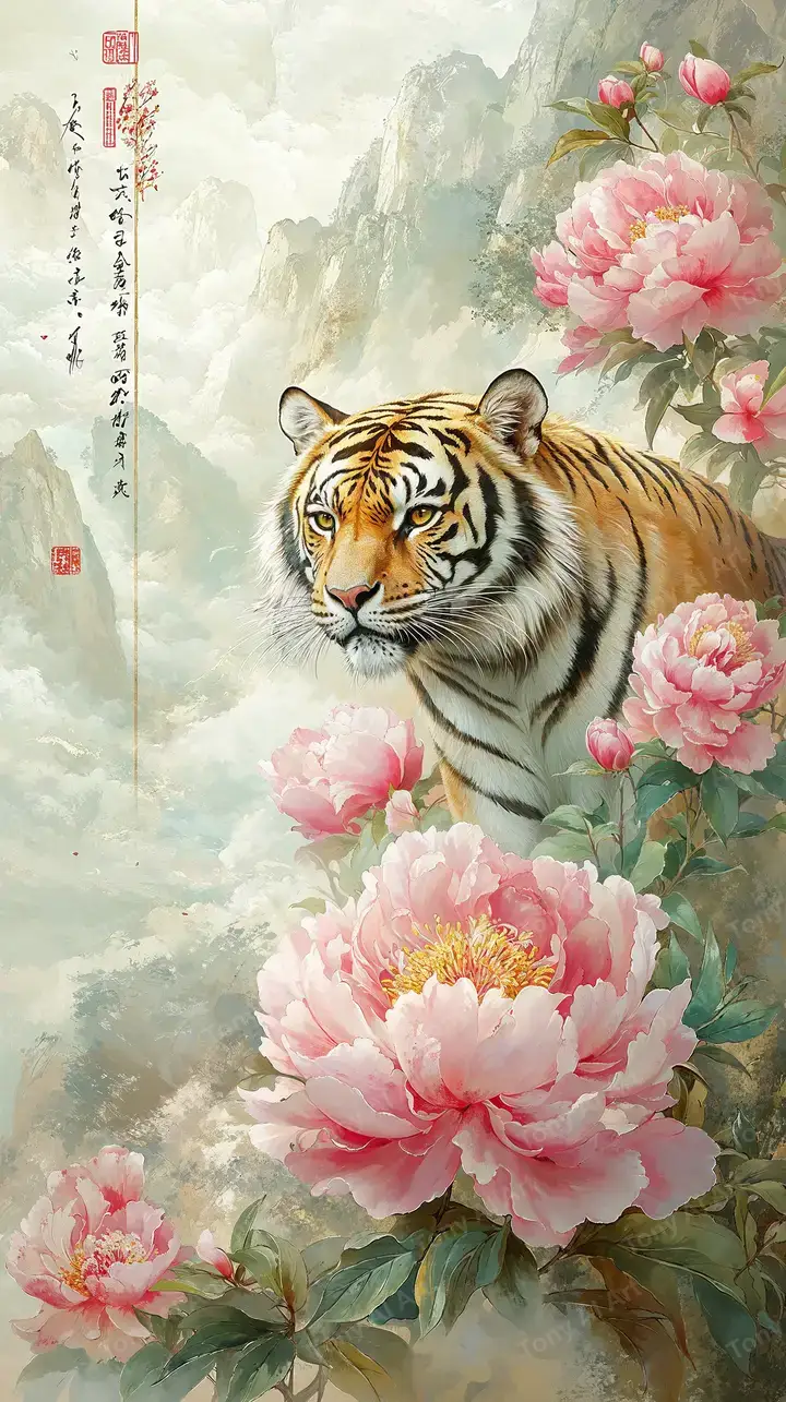 Hổ Giữa Hoa Mẫu Đơn - Hình Nền Phong Thủy AI Art 4K