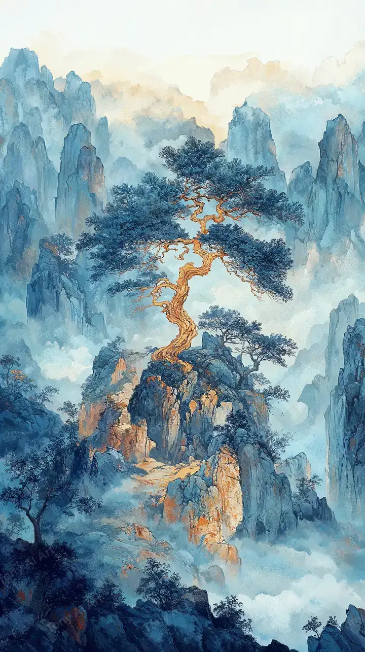 Cây Cổ Thụ Vàng Phong Thủy - Hình Nền AI Art Núi 4K